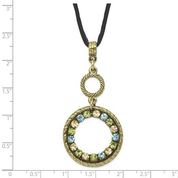 1928 Jewelry Brass-tone Blue Green and Light Colorado Crystal Double Circle Adjustable 16 inch Satin Cord Necklace with 3 inch extension — alternate view