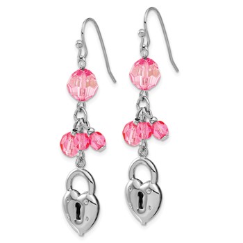 1928 Silver-tone Pink Glass Bead Heart Lock Dangle Earrings — alternate view