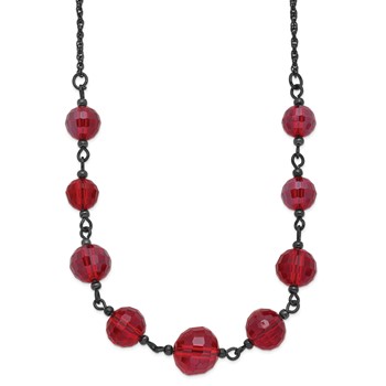 1928 Jewelry Black-plated Red Glass Faceted Graduated Bead 16 inch Necklace with 3 inch extension