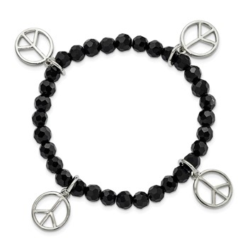 1928 Jewelry Silver-tone Peace Charms on Jet Black Crystal Faceted Beaded Stretch Bracelet — alternate view