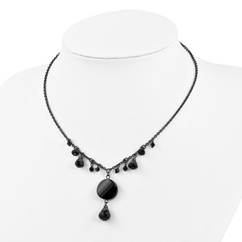 1928 Jewelry Black-plated Jet Black Faceted Glass Dangle Beads 16 inch Necklace with 3 inch extension — alternate view
