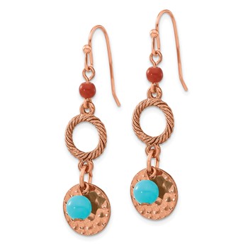 1928 Jewelry Copper-tone Textured and Hammered Aqua and Brown Acrylic Beads Dangle Earrings — alternate view