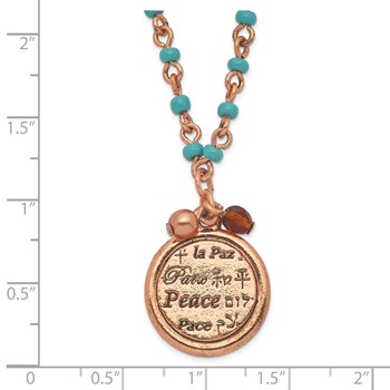 1928 Jewelry Copper-tone and Aqua Acrylic Bead Link Brown Acrylic Bead and Polished Peace Pendant 16 in Necklace with 3 inch extension — alternate view