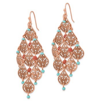 1928 Jewelry Copper-tone Filigree Pear Shaped and Aqua and Brown Acrylic Beads Dangle Chandelier Earrings — alternate view