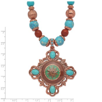 1928 Jewelry Copper-tone Frame and Beads Brown and Aqua Enamel Aqua and Brown Acrylic Beads 16 inch Necklace with 3 inch extension — alternate view