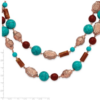 1928 Jewelry Copper-tone Pattern Aqua Blue and Brown Acrylic Beads Long 44 inch Necklace — alternate view