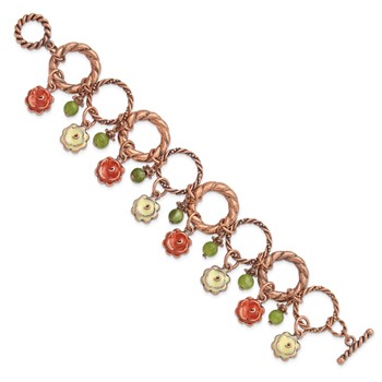 1928 Jewelry Copper-tone Textured Link Orange and Light Green Enamel Flower Green Acrylic Bead Dangles 7 inch Toggle Bracelet — alternate view