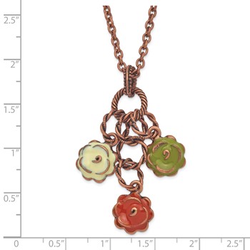 1928 Jewelry Copper-tone Textured Links Green Orange and Light Green Enameled Flower Dangle Adjustable 16 inch Necklace with 3 inch extension — alternate view