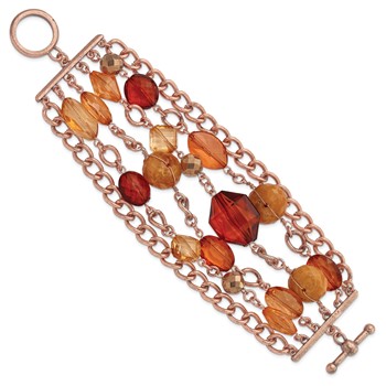 1928 Jewelry Copper-tone Link and Multicolored Brownand Orange Faceted Acrylic Beads Wide Six Row 8 inch Toggle Bracelet — alternate view