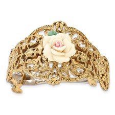 Image of 1928 Jewelry Gold-tone Filigree Ornate Porcelain Rose Ponytail Holder