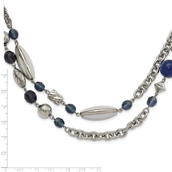 1928 Jewelry Silver-tone Link Textured Beads Blue Beads and Blue Faceted Crystals 44 inch Necklace — alternate view