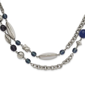 1928 Jewelry Silver-tone Link Textured Beads Blue Beads and Blue Faceted Crystals 44 inch Necklace
