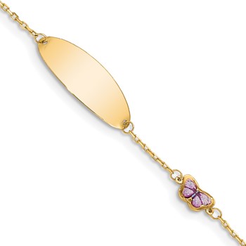 14K Polished Purple Enamel Butterfly and 20x7mm Plate 5.5 inch  Baby/Child ID Bracelet with 0.5 inch Extender