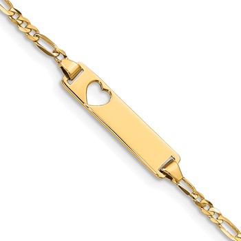14k Polished Solid Chain/Solid Plate Figaro Link Cut-out Heart 21.4x5.4mm  Plate 5.5 inch Baby/Child ID Bracelet
