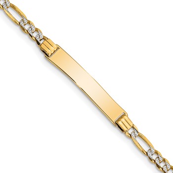 14k with Rhodium Polished Solid Chain/Solid Plate Pavé Figaro Link 26x5mm Plate 5.5 inch Baby/Child ID Bracelet
