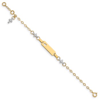 14k Two-tone Polished Textured Cross and Cut-out Heart 18x5mm Plate 4.5 inch Baby/Child ID Bracelet with 1 inch Extender — alternate view