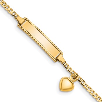 14k Polished Solid Chain/Solid Plate Heart Dangle Curb Link 21x5mm Plate 5.5 inch Baby/Child ID Bracelet