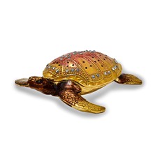 Image of Luxury Giftware by Jere Pewter Bejeweled Crystals Gold-tone Enameled PALM BEACH Loggerhead Sea Turtle Trinket Box with Matching 18 Inch Necklace