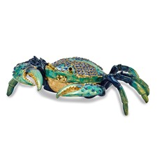 Image of Luxury Giftware by Jere Pewter Bejeweled Crystals Gold-tone Enameled CHESAPEAKE Blue Crab Trinket Box with Matching 18 Inch Necklace