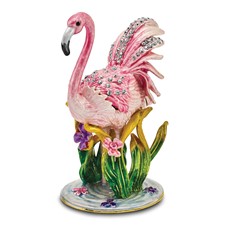 Image of Luxury Giftware by Jere Pewter Bejeweled Crystals Gold-tone Enameled JEZEBEL Pink Flamingo Trinket Box with Matching 18 Inch Necklace