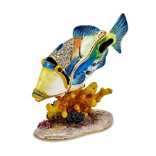 Image of Luxury Giftware by Jere Pewter Bejeweled Crystals Gold-tone Enameled TRIGGER Humu Humu Fish Trinket Box with Matching 18 Inch Necklace