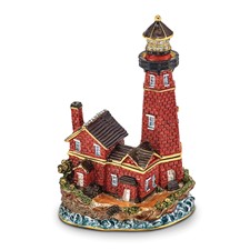 Image of Luxury Giftware Pewter Bejeweled Crystals Gold-tone Enameled BEACON Red Brick Lighthouse Trinket Box with Matching 18 Inch Necklace