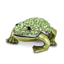 Image of Luxury Giftware by Jere Pewter Bejeweled Crystals Silver-tone Enameled HOPPER Small Green Frog Trinket Box with Matching 18 Inch Necklace