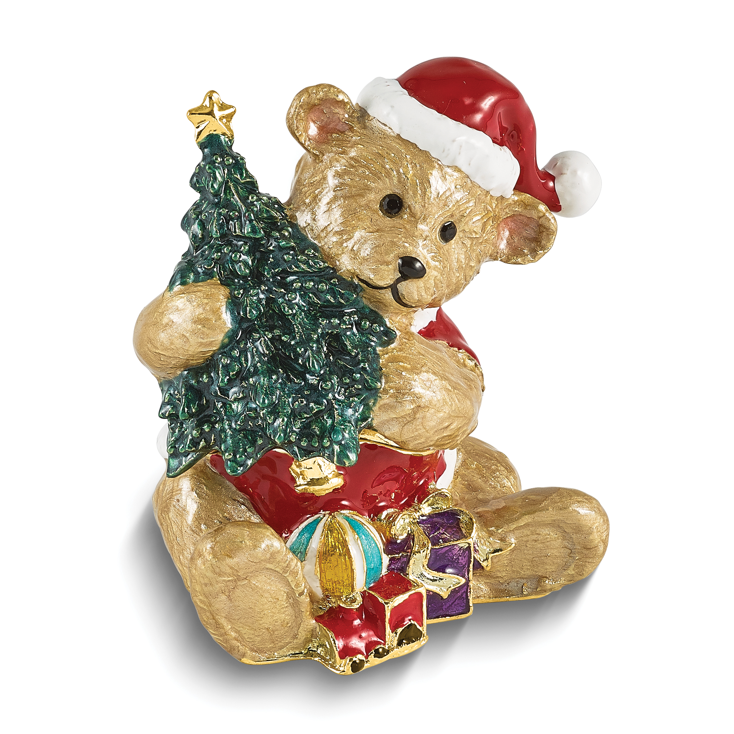 Bejeweled HOLLY BEAR Brown Bear with Tree Trinket Box - Luxury
