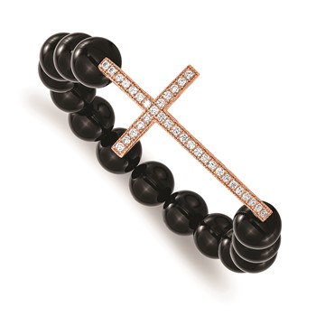 Belle Amore Ss Rose Cz Cross & Polish Agate Stretch Bracelet