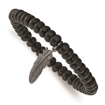 Belle Amore Matte Blk Agate Rhondelle & Brass Feather Beaded Bracelet