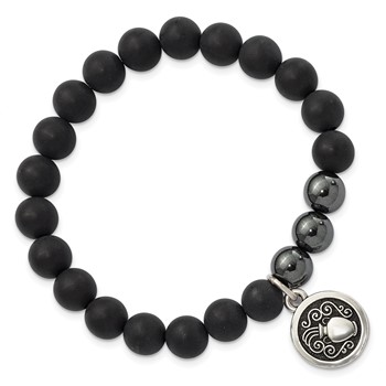 Silver-tone Matte Black Agate & Pyrite Aquarius Beaded Stretch Bracelet — alternate view