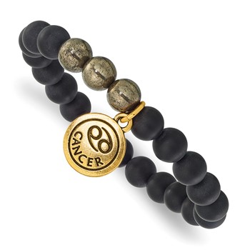 Gold-tone Matte Black Agate & Pyrite Cancer Beaded Stretch Bracelet