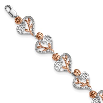 14K White and Rose Gold Complete 1/3 carat Diamond 15 and Rose Quinceanera Heart 7 inch Bracelet