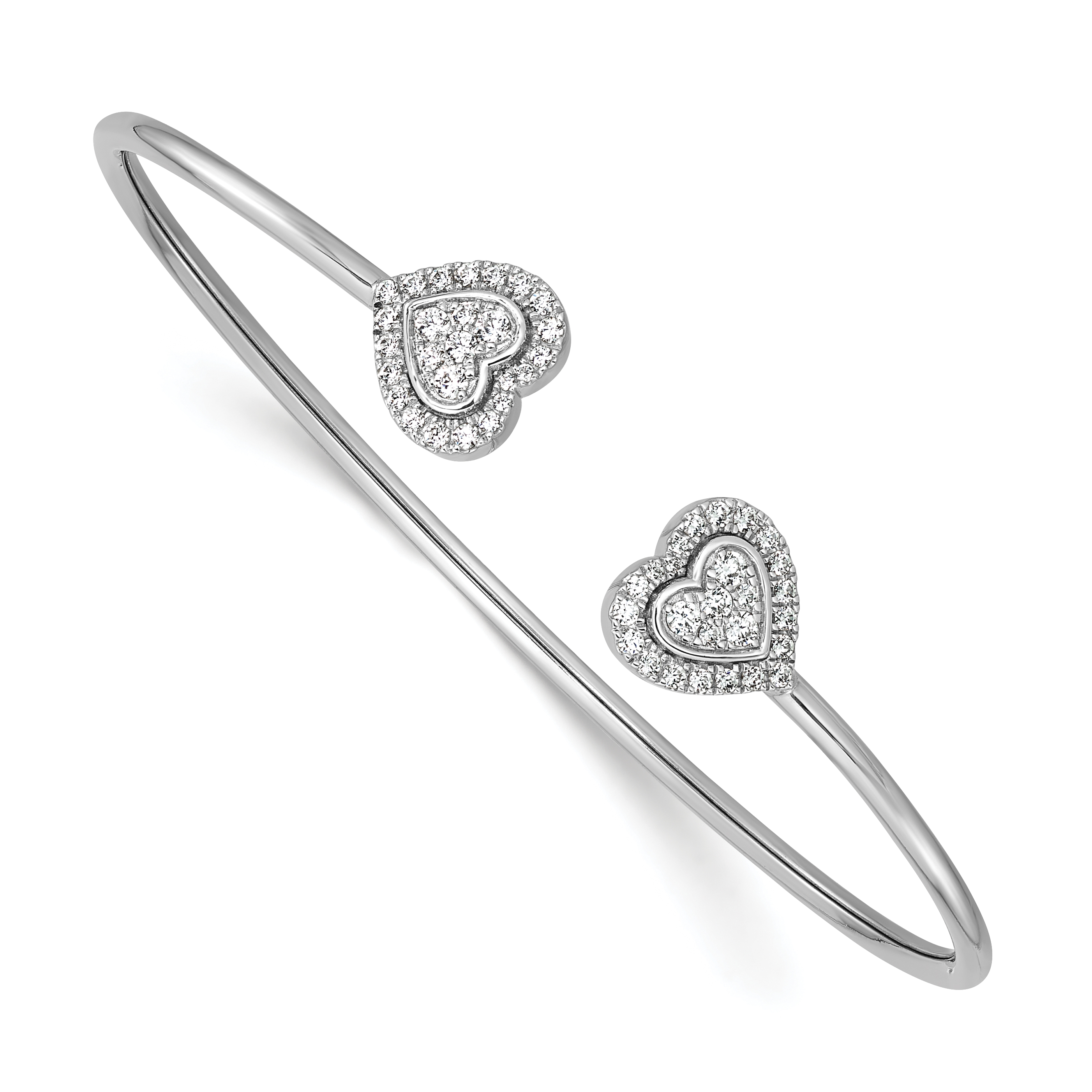 14K White Gold Polished Complete 1/2 carat Diamond Heart Flexible Cuff Bangle Bracelet