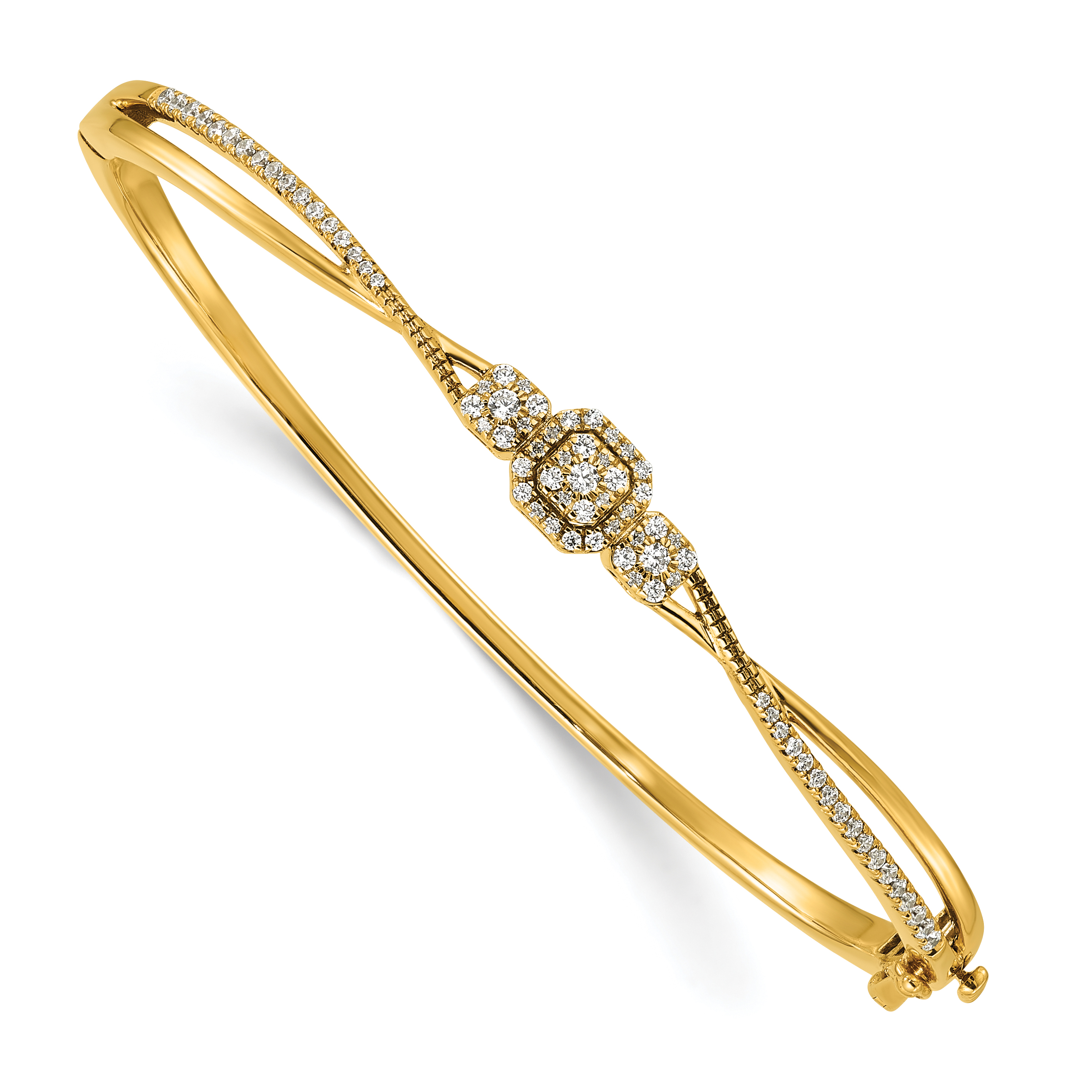 14K Polished and Textured Complete 1/2 carat Diamond Fashion Hinged Oval Bangle Bracelet