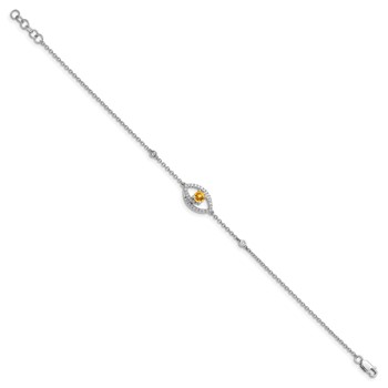 14k White Gold Polished Complete Diamond and Round Citrine 7 inch Eye Bracelet with 0.5 inch Extender — alternate view
