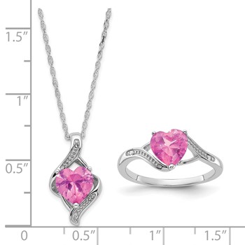 Sterling Silver Diamond & Created Pink Sapphire Heart Ring & Necklace Set — alternate view