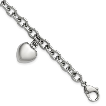 Stainless Steel 7.5" bracelet w/heart dangle