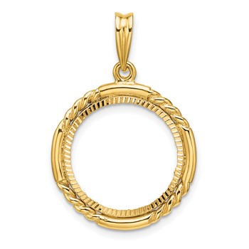 Wideband Distinguished Coin Jewelry 14k Polished Quadruple Twist and Diamond-cut 16.5mm Prong Coin Bezel Pendant