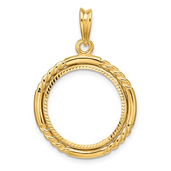 Wideband Distinguished Coin Jewelry 14k Polished Quadruple Twist and Diamond-cut 17.8mm Prong Coin Bezel Pendant