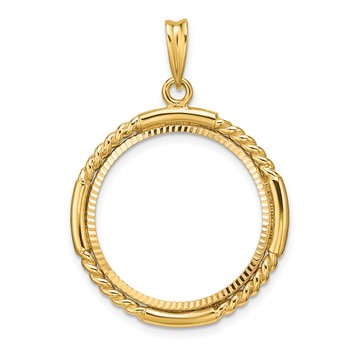Wideband Distinguished Coin Jewelry 14k Polished Quadruple Twist and Diamond-cut 21.6mm Prong Coin Bezel Pendant