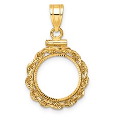 Image of Wideband Distinguished Coin Jewelry 14k Polished Rope and Diamond-cut 13.0mm x 1.1mm Screw Top Coin Bezel Pendant