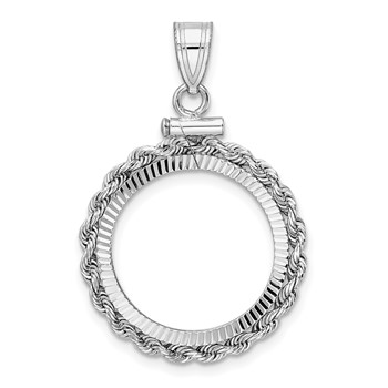Wideband Distinguished Coin Jewelry 14k White Gold Polished Rope and Diamond-cut 17.8mm x 1.35mm Screw Top Coin Bezel Pendant