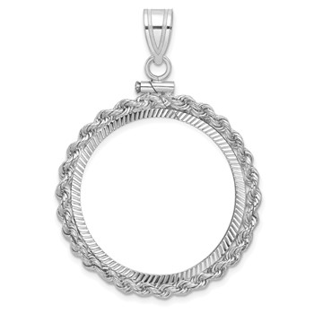 Wideband Distinguished Coin Jewelry 14k White Gold Polished Rope and Diamond-cut 27.0mm x 2.35mm Screw Top Coin Bezel Pendant