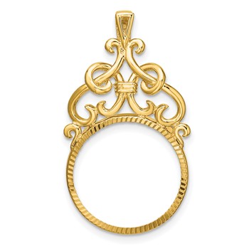 Wideband Distinguished Coin Jewelry 14k Polished Fancy Filigree Top and Diamond-cut 16.5mm Prong Coin Bezel Pendant