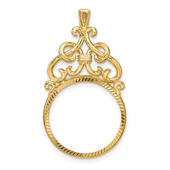Wideband Distinguished Coin Jewelry 14k Polished Fancy Filigree Top and Diamond-cut 17.8mm Prong Coin Bezel Pendant
