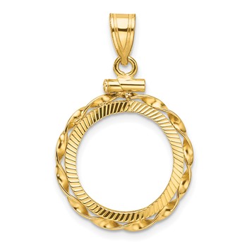 Wideband Distinguished Coin Jewelry 14k Polished Hand Twisted Ribbon and Diamond-cut 16.0mm x 1.35mm Screw Top Coin Bezel Pendant