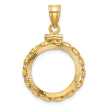 Wideband Distinguished Coin Jewelry 14k Polished Hand Twisted Ribbon and Diamond-cut 16.5mm x 1.35mm Screw Top Coin Bezel Pendant
