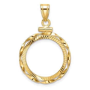 Wideband Distinguished Coin Jewelry 14k Polished Hand Twisted Ribbon and Diamond-cut 18.0mm x 1.35mm Screw Top Coin Bezel Pendant