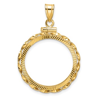 Wideband Distinguished Coin Jewelry 14k Polished Hand Twisted Ribbon and Diamond-cut 22.0mm x 1.9mm Screw Top Coin Bezel Pendant